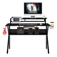 The Urban Port 54-Inch Rectangular Gaming Desk With 2 Shelves And K Shape Leg Support, Black