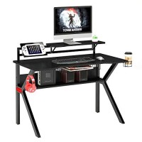 The Urban Port 54-Inch Rectangular Gaming Desk With 2 Shelves And K Shape Leg Support, Black