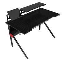 The Urban Port 54-Inch Rectangular Gaming Desk With 2 Shelves And K Shape Leg Support, Black