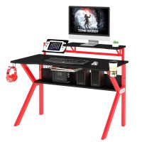 The Urban Port 54-Inch Rectangular Gaming Desk With 2 Shelves And K Shape Leg Support, Black And Red