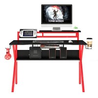 The Urban Port 54-Inch Rectangular Gaming Desk With 2 Shelves And K Shape Leg Support, Black And Red
