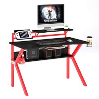 The Urban Port 54-Inch Rectangular Gaming Desk With 2 Shelves And K Shape Leg Support, Black And Red