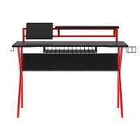 The Urban Port 54-Inch Rectangular Gaming Desk With 2 Shelves And K Shape Leg Support, Black And Red