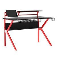 The Urban Port 54-Inch Rectangular Gaming Desk With 2 Shelves And K Shape Leg Support, Black And Red