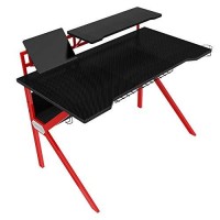 The Urban Port 54-Inch Rectangular Gaming Desk With 2 Shelves And K Shape Leg Support, Black And Red