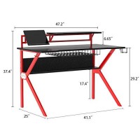 The Urban Port 54-Inch Rectangular Gaming Desk With 2 Shelves And K Shape Leg Support, Black And Red