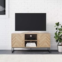 Nathan James Dylan Media Console Cabinet Or Tv Stand With Doors For Hidden Storage In A Natural Reclaimed Herringbone Wood Pattern And Metal, Oakmatte Black