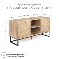 Nathan James Dylan Media Console Cabinet Or Tv Stand With Doors For Hidden Storage In A Natural Reclaimed Herringbone Wood Pattern And Metal, Oakmatte Black