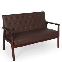Aileekiss Mid-Century Loveseats Sofa Couch 2 Seater Sofa Modern Faux Leather Retro Arms Loveseat Upholstered Wooden Lounge Accent Chair For Living Room (Brown 2-Seat)
