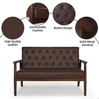 Aileekiss Mid-Century Loveseats Sofa Couch 2 Seater Sofa Modern Faux Leather Retro Arms Loveseat Upholstered Wooden Lounge Accent Chair For Living Room (Brown 2-Seat)