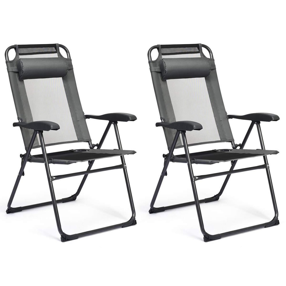 Giantex Set Of 2 Patio Dining Chairs, Folding Lounge Chairs With 7 Level Adjustable Backrest, Headrest, 300 Lbs Capacity, Outdoor Portable Chairs With Metal Frame (2, Gray)