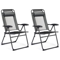 Giantex Set Of 2 Patio Dining Chairs, Folding Lounge Chairs With 7 Level Adjustable Backrest, Headrest, 300 Lbs Capacity, Outdoor Portable Chairs With Metal Frame (2, Gray)