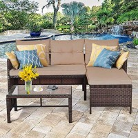 3 Pieces Outdoor Furniture Set Rattan Wicker Sof Table Garden Patio Brown Modern Contemporary Cushion Included