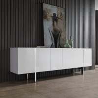 Whiteline Modern Living Struttura Buffetsideboard In Large Or Small Size In High Gloss White Or Natural Walnut Veneer And Polished Stainless Steel Legs