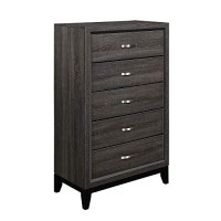 Benjara 5 Drawer Wooden Chest With Grain Details And Chamfered Feet, Gray