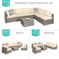 Best Choice Products 7-Piece Modular Outdoor Sectional Wicker Patio Furniture Conversation Sofa Set W/ 6 Chairs, 2 Pillows, Seat Clips, Coffee Table, Cover Included - Gray/Cream