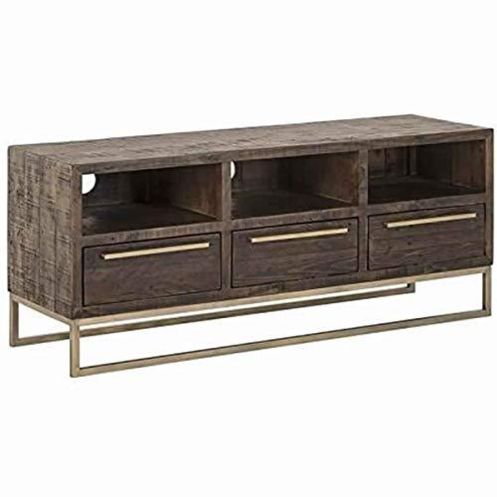 Benjara Drawer Tv Console With Sled Base And 3 Open Compartments, Brown, Gold