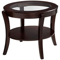 Benjara Oval Top Wooden End Table With Glass Insert And Open Shelf, Brown
