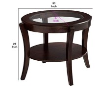 Benjara Oval Top Wooden End Table With Glass Insert And Open Shelf, Brown