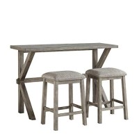 Benjara Trestle Base Counter Height Table With Fabric Backless Stools,Set Of 3, Gray