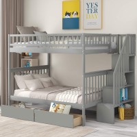 Harper & Bright Designs Bunk Beds Full Over Full Size, Solid Wood Full Bunk Beds With Drawers And Stairway, Full Length Guardrail, No Box Spring Needed (Grey Full Over Full Bunk Beds)