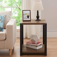 Foluban Industrial End Table, Square Side Table With Storage Shelf For Living Room, Wood And Metal Nightstand, Oak