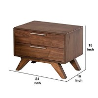 Benjara 2 Drawer Wooden Nightstand With Metal Bar Handles And Angled Legs, Brown