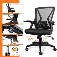 Qoroos Mesh Office Chair Ergonomic Mid Back Swivel Black Mesh Desk Chair Flip Up Arms With Lumbar Support Computer Chair Adjustable Height Task Chairs