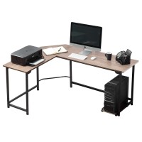 Vecelo Modern L-Shaped Corner Computer Desk With Cpu Standpc Laptop Study Writing Table Workstation For Home Office Wood & Metal, Rubber Wood Color+Black Leg