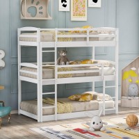 Merax Twin Triple Bunk Bed, Wood Twin Size Triple Bed Frame With Guard Rail And Ladder, Can Be Divided Into 3 Separate Beds (Triple Bed, White)