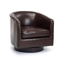 Comfort Pointe Turner Brown Top Grain Leather Wooden Base Modern Swivel Accent Chair