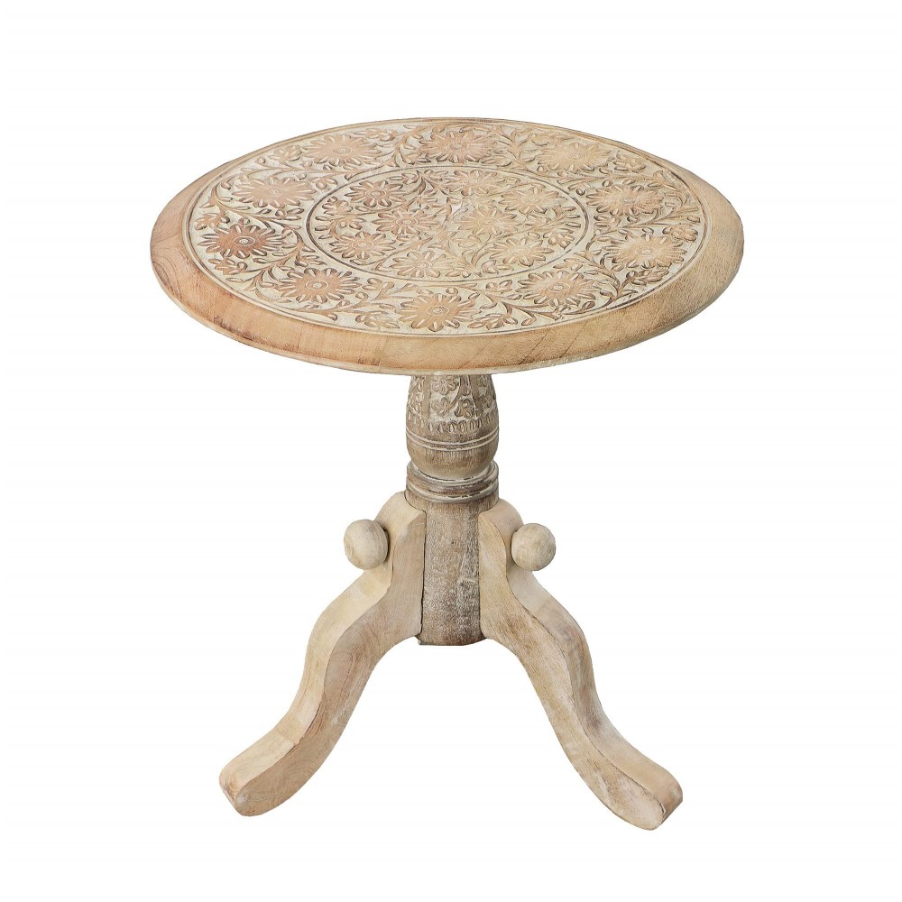 The Urban Port Intricately Carved Round Top Mango Wood Side End Table With Pedestal Base, Brown And White