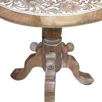 The Urban Port Intricately Carved Round Top Mango Wood Side End Table With Pedestal Base, Brown And White