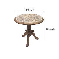 The Urban Port Intricately Carved Round Top Mango Wood Side End Table With Pedestal Base, Brown And White