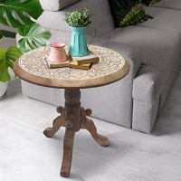 The Urban Port Intricately Carved Round Top Mango Wood Side End Table With Pedestal Base, Brown And White