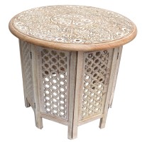 Mesh Cut Out Carved Mango Wood Octagonal Folding Table With Round Top, Antique White And Brown(D0102H7L7Ug.)