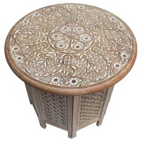 Mesh Cut Out Carved Mango Wood Octagonal Folding Table With Round Top, Antique White And Brown(D0102H7L7Ug.)
