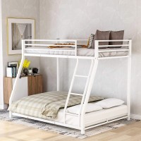 Metal Floor Bunk Bed, Twin Over Full Bunk Bed For Kids, Space-Saving Bed Frame With Ladder, White