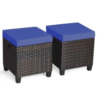 Tangkula 2 Pieces Outdoor Patio Ottoman, All Weather Rattan Wicker Ottoman Seat, Patio Rattan Furniture, Outdoor Footstool Footrest Seat W/Removable Cushions (Navy Blue)
