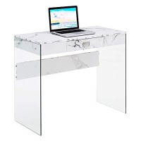 Convenience Concepts Soho 1 Drawer Glass 36 Inch Desk, White Faux Marble/Glass