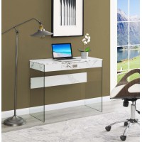 Convenience Concepts Soho 1 Drawer Glass 36 Inch Desk, White Faux Marble/Glass