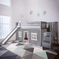 Max & Lily Low Loft Bed, Twin Bed Frame With Stairs, Slide And Curtains For Bottom, Grey/Grey