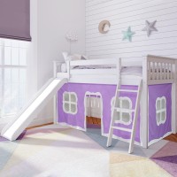 Max & Lily Low Loft Bed, Twin Bed Frame With Slide And Curtains For Bottom, Whitepurple