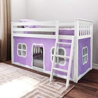 Max & Lily Low Bunk Bed, Twin-Over-Twin Bed Frame For Kids With Curtains For Bottom, Whitepurple