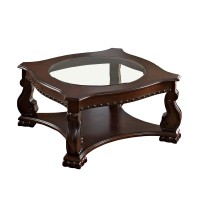 Benjara Wood And Glass Coffee Table With Rivet Accents, Brown And Clear