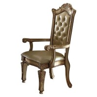 Benjara Leatherette Wooden Arm Chair With Button Tufted Details, Set Of 2, Gold