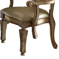Benjara Leatherette Wooden Arm Chair With Button Tufted Details, Set Of 2, Gold