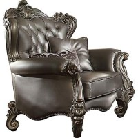 Benjara Scalloped Trim Button Tufted Leatherette Chair With Scrolled Legs, Gray