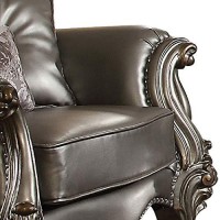 Benjara Scalloped Trim Button Tufted Leatherette Chair With Scrolled Legs, Gray