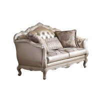 Benjara Leatherette Button Tufted Loveseat With Queen Anne Legs, Gold